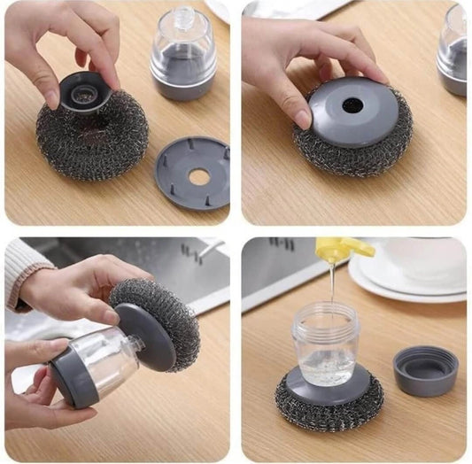 Kitchen Soap Dispensing Palm Brush – Automatic Filling Dish Scrubber with PET Bristles – Non-Scratch Cleaning Brush for Pots, Pans, and Sinks